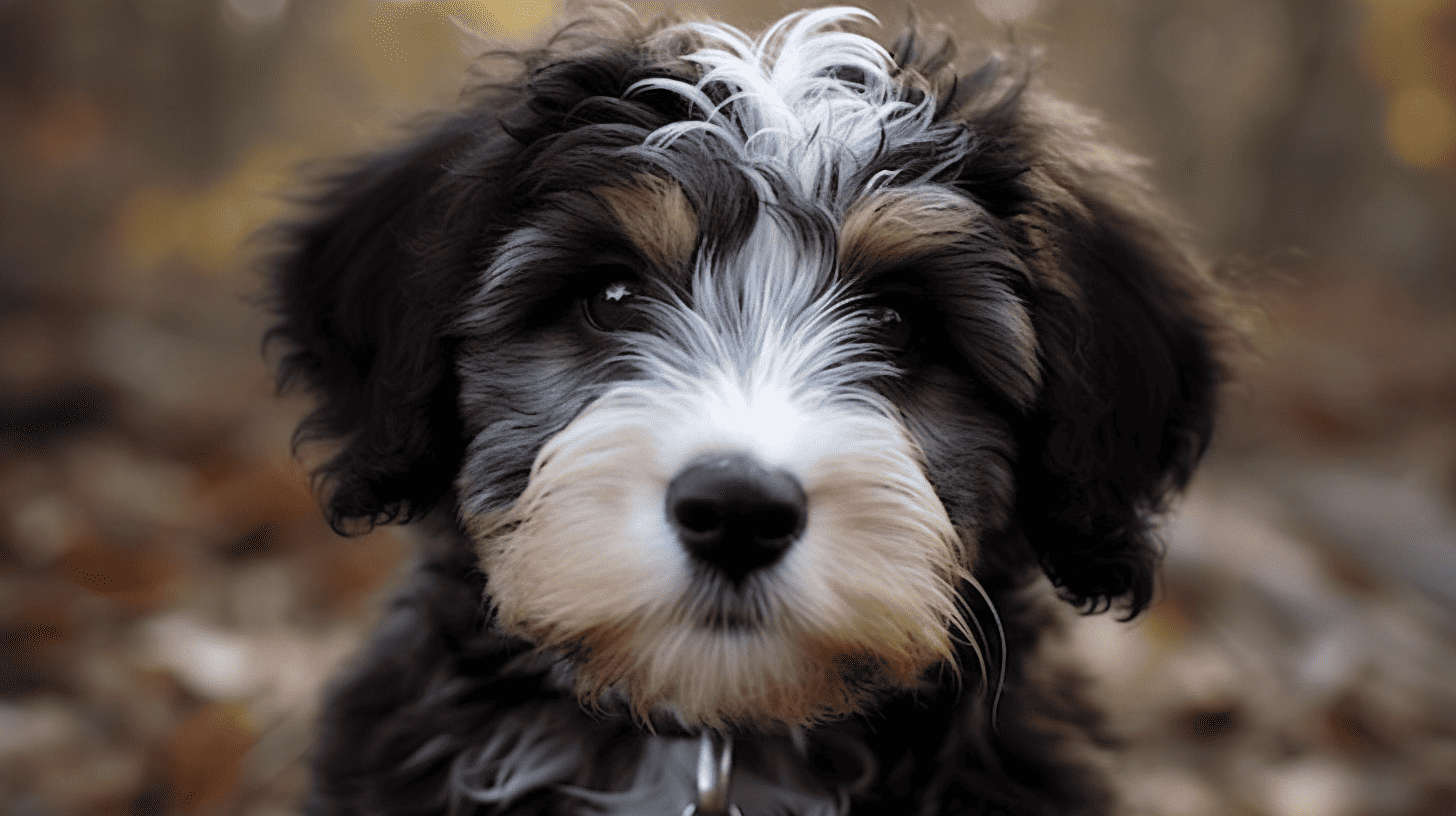 Adorable puppy with fluffy black, white, and brown fur, perfect for dog lovers.