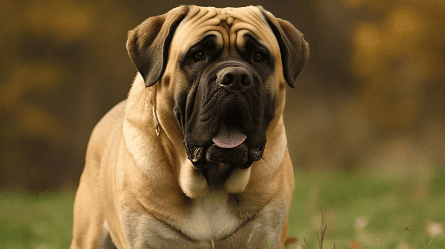 Highly detailed Mastiff dog portrait, close-up of a large breed dog, showcasing gentle expression and muscular build.