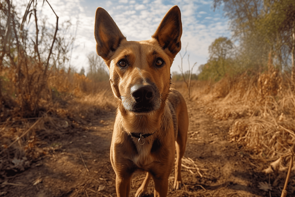 Dog on trail in nature.