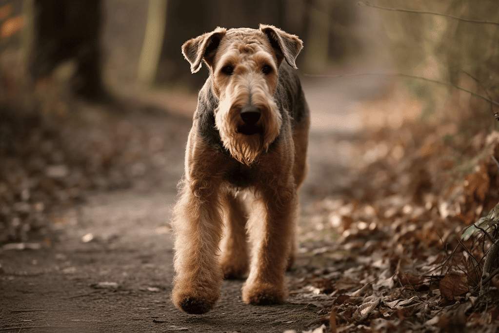 Dog running freely on a dirt path surrounded by fall leaves.