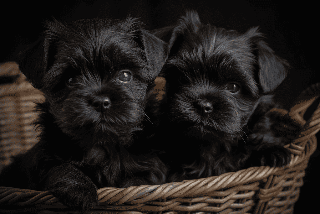 Cute black puppies in a cozy basket, perfect for dog care and grooming tips.