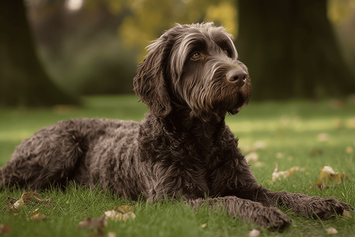 Dog lying on grass outdoors in park setting with lush greenery.