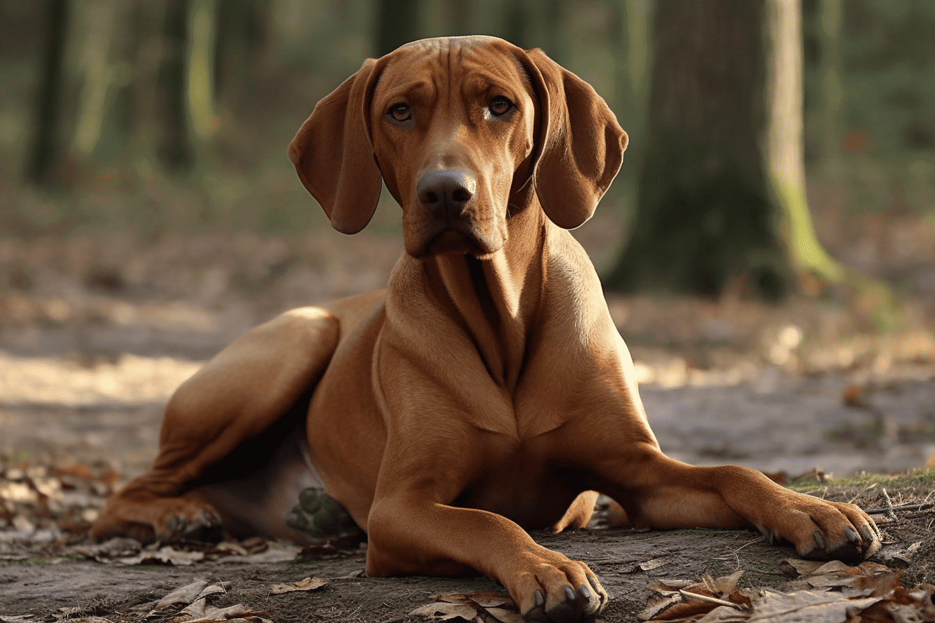 Loyal dog resting outdoors in a forest, promoting pet relaxation and outdoor activity.