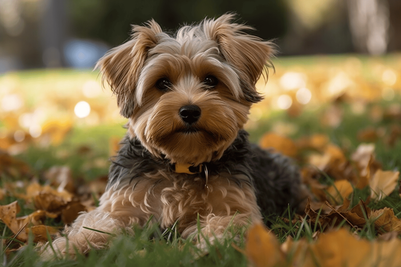 Adorable Yorkshire Terrier puppy sitting in autumn leaves.