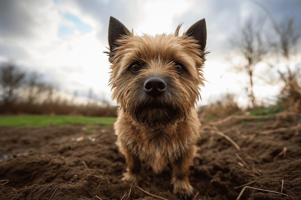 Adorable small dog outdoors in nature, close-up view, under a cloudy sky, fluffy fur, expressive eyes.