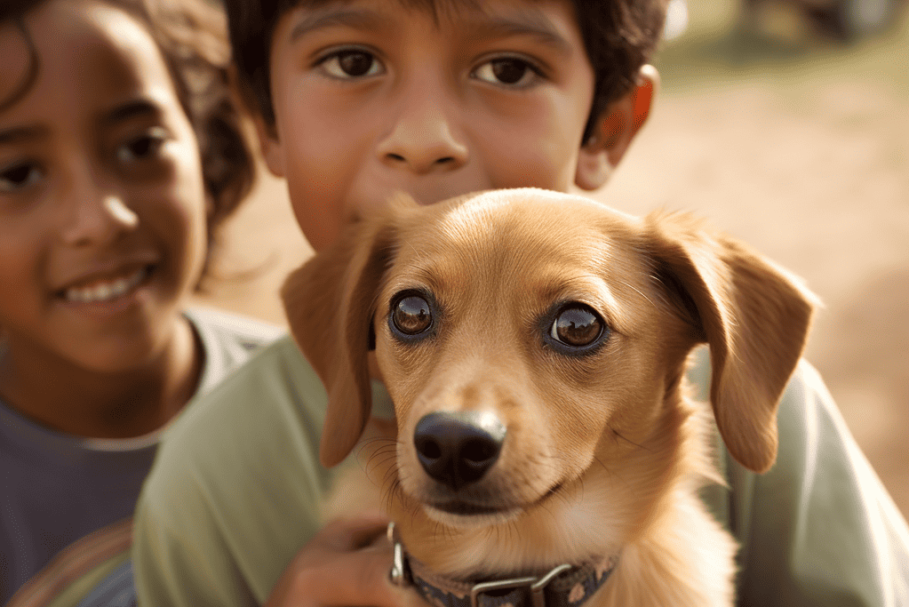 Friendly dog with children in an outdoor setting, emphasizing pet love and family bonding.