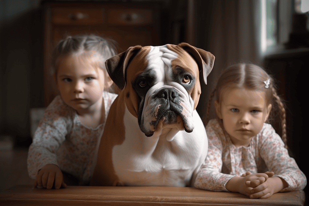 Adorable dog with children on wooden floor.