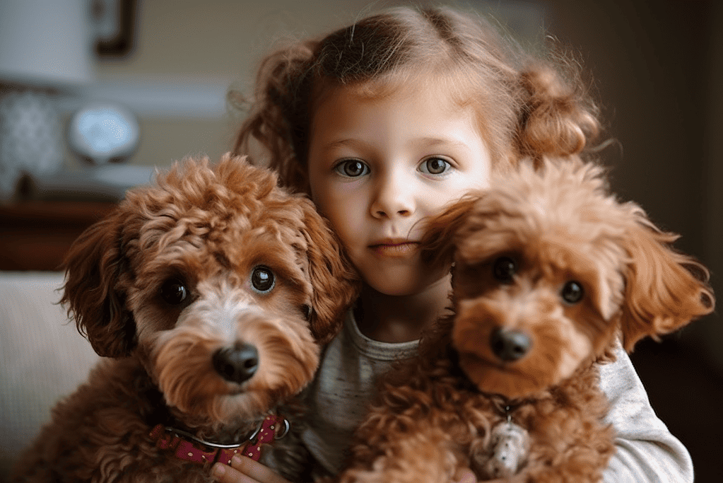 Adorable girl with two fluffy, brown poodle puppies on her shoulders, showcasing pet care.