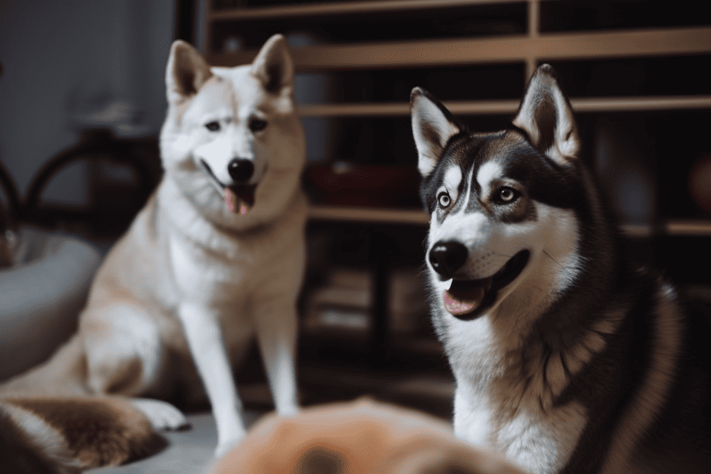 Adorable Siberian Huskies sitting together in cozy home setting.