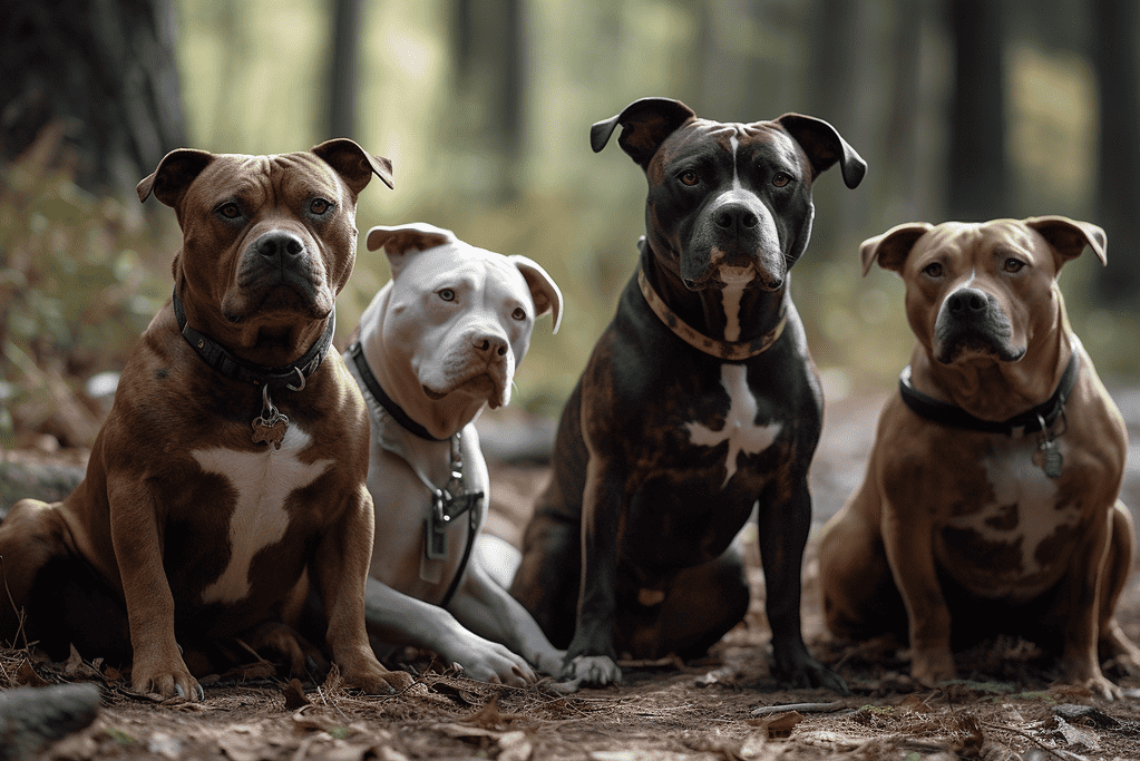 Adorable pitbull dogs sitting together in a peaceful forest setting.