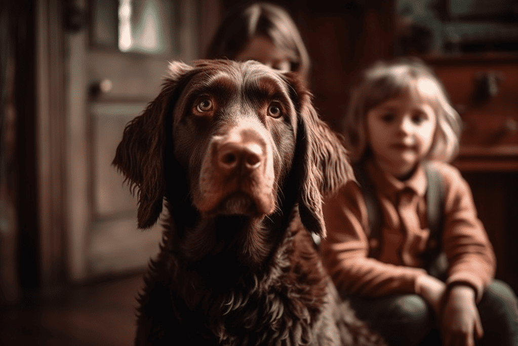 Close-up of a playful brown Labrador retriever with two children at home.