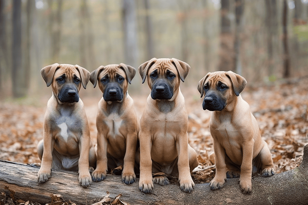 Adorable Mastiff puppies sitting together outdoors in a wooded area.