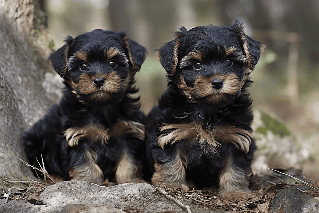 Cute Yorkie puppies with black and tan fur, sitting on rocks in a natural environment.