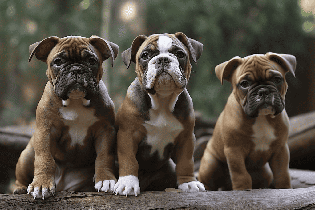 Adorable bulldog puppies sitting on a log, outdoors, lovable and curious, perfect for dog lovers.