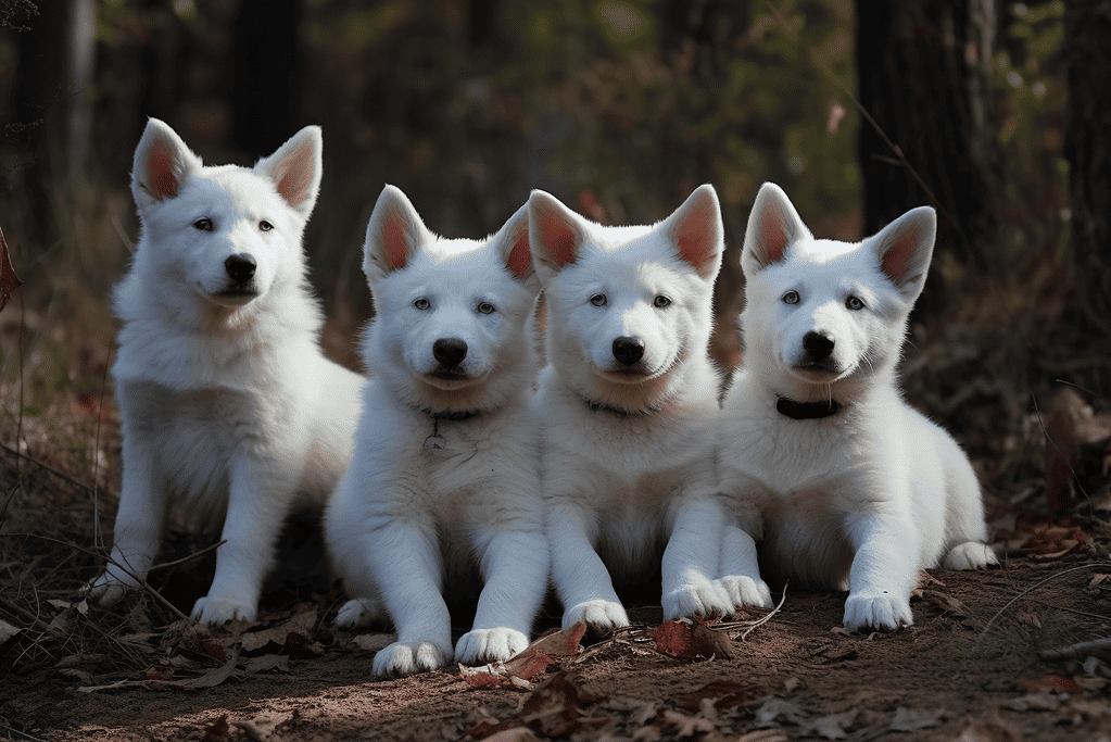 Adorable white Siberian Huskies puppies sitting outdoors in a forest, showcasing playful and friendly nature.
