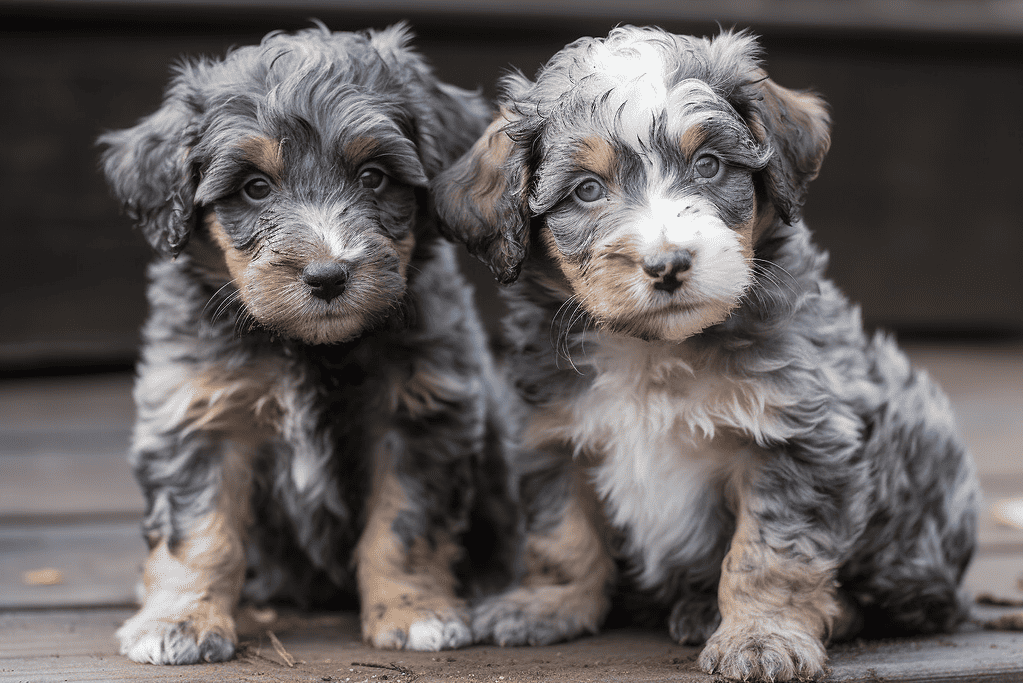 Adorable Australian Shepherd puppies sitting side by side outdoors on a wooden surface.