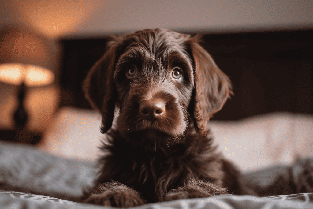 Adorable brown puppy lying on a cozy bed, perfect for pet lovers and dog owners.