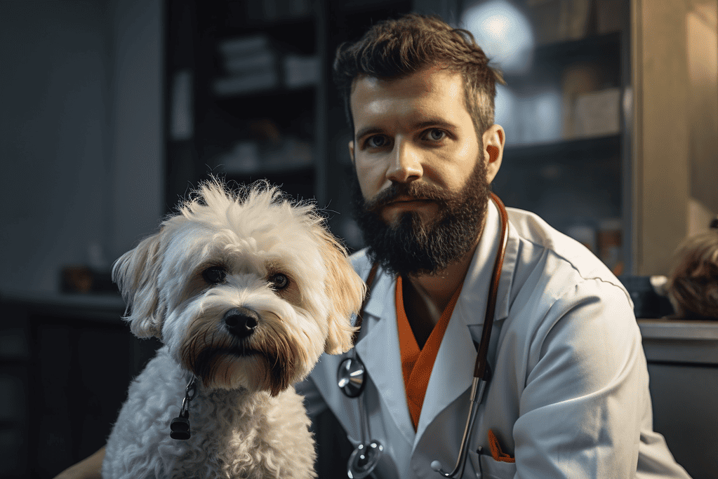 Veterinarian and adorable dog in a veterinary clinic, emphasizing pet health services.