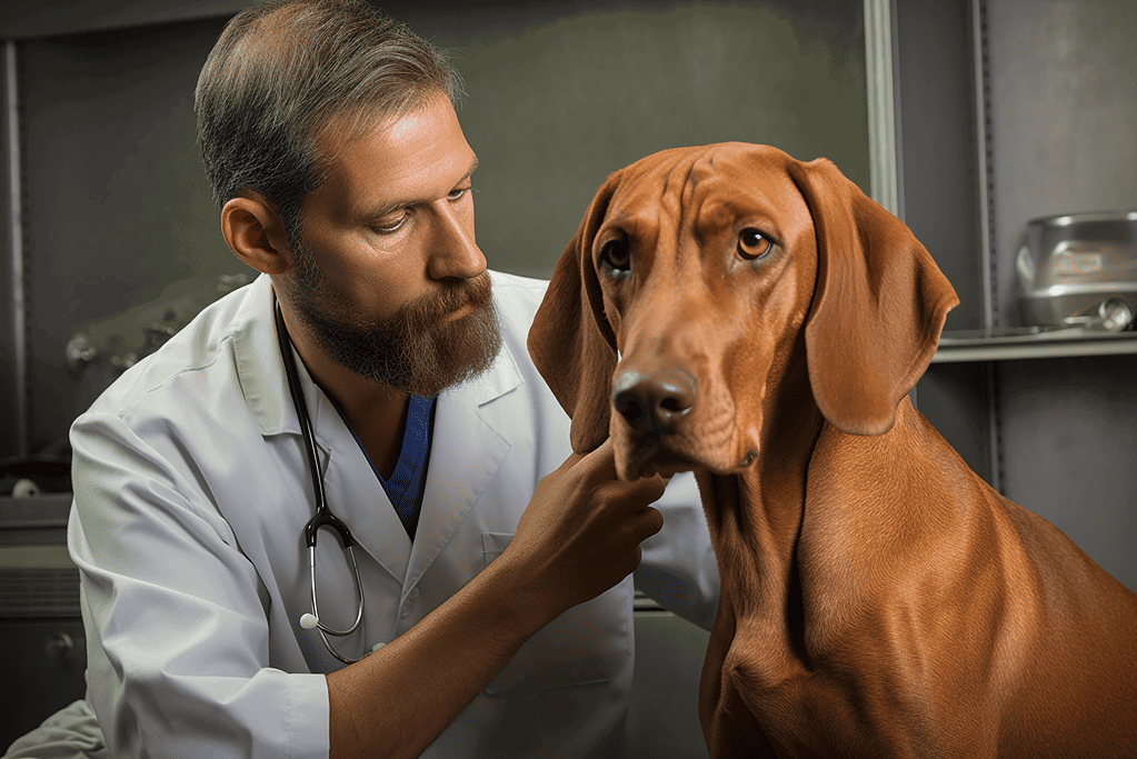 Image of a veterinarian examining a brown dog in a clinic.