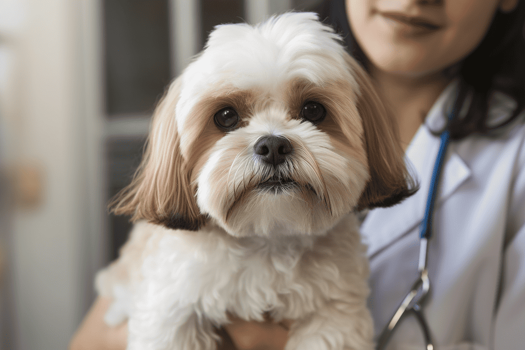 Shih Tzu dog receiving veterinary checkup for health and wellness.