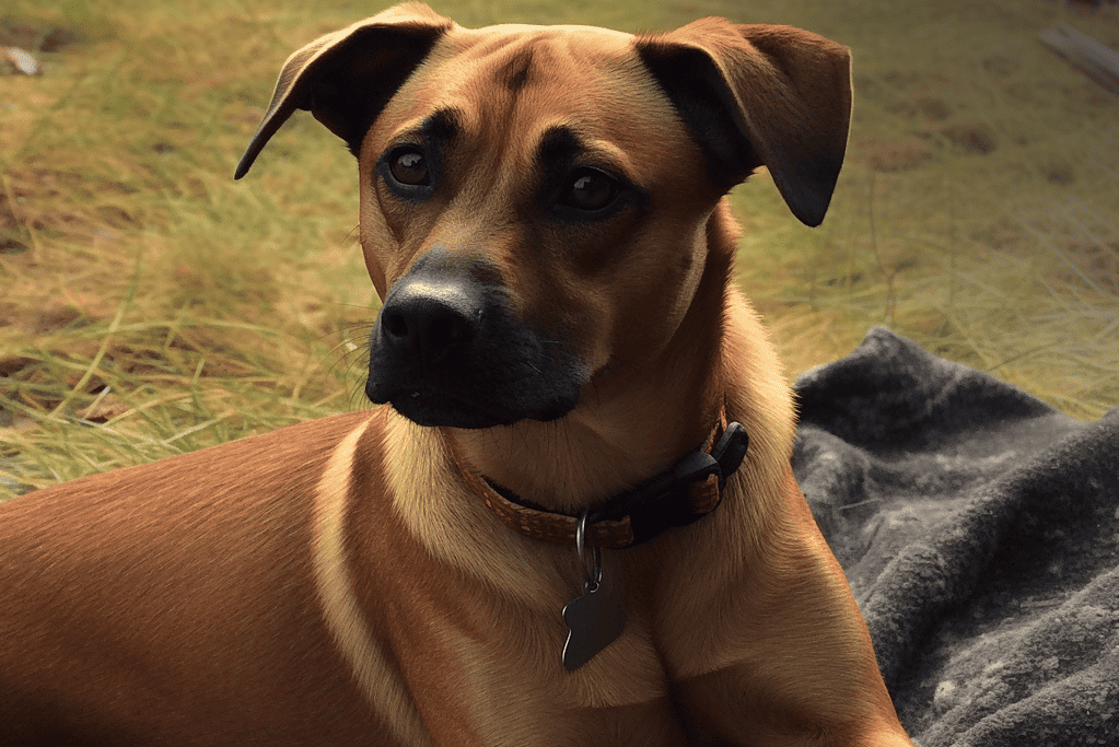 Adorable dog lying on a dark blanket in a grassy outdoor area.