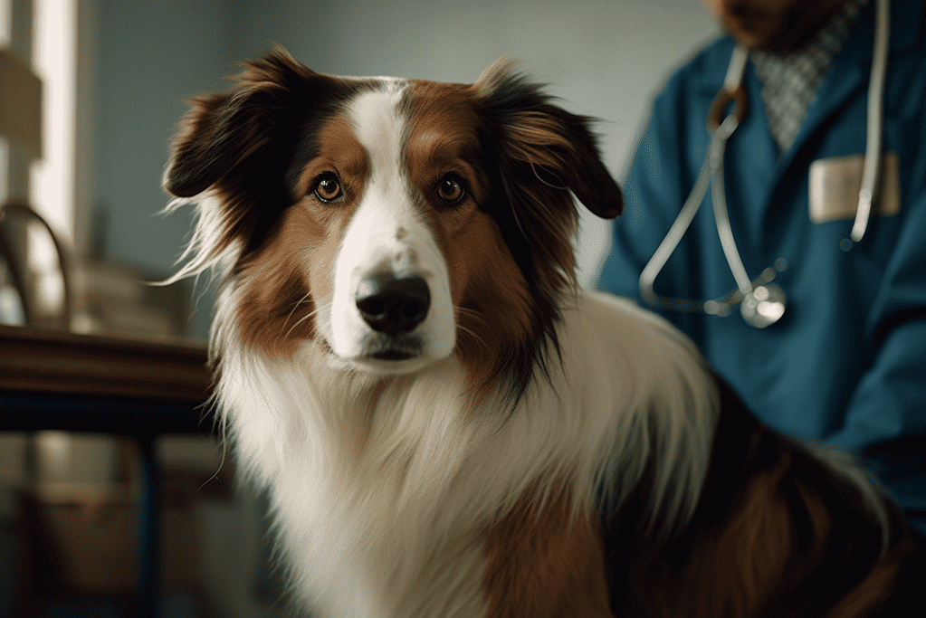A friendly veterinarian examines a beautiful Australian Shepherd dog in a veterinary clinic.