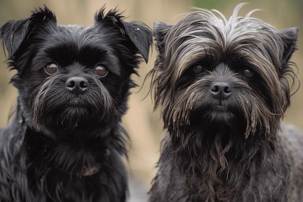 Adorable two dogs, one black and fluffy, the other brown and wiry, outdoors.