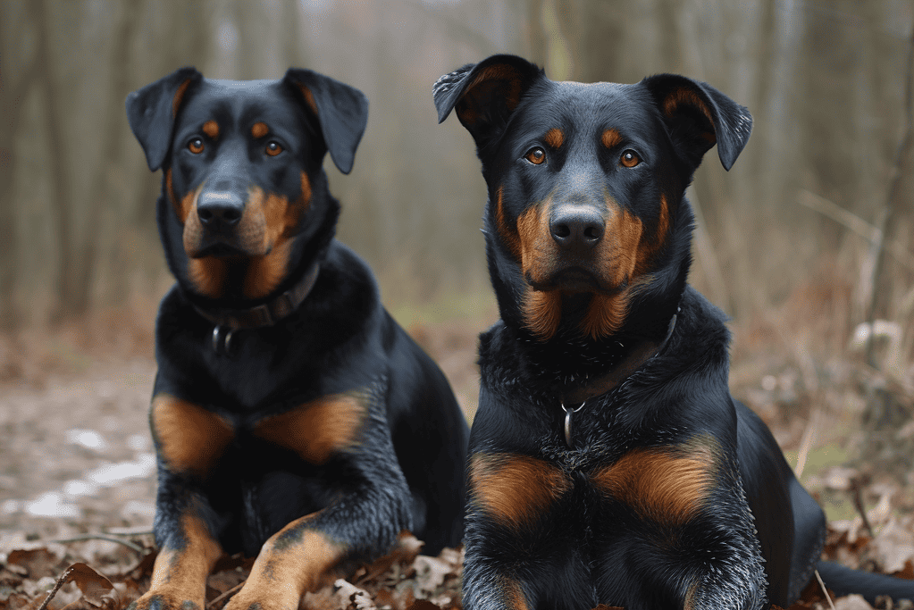 High-quality image of two Rottweilers sitting on a forest trail, showcasing their shiny coats and alert poses.