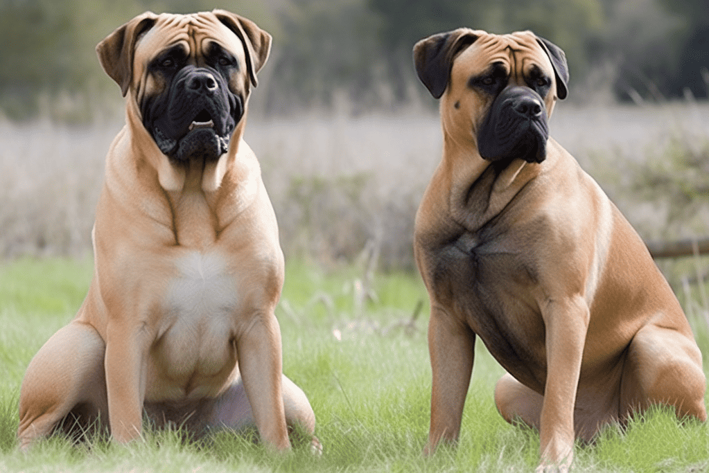 Large Mastiff dogs sitting outdoors in a grassy field, showcasing their muscular build and gentle expressions.