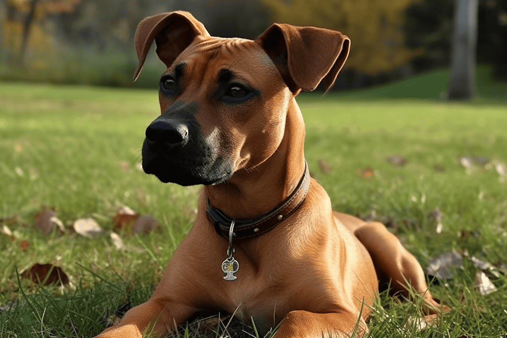 Adorable brown dog lying on grass in a park, looking attentively.