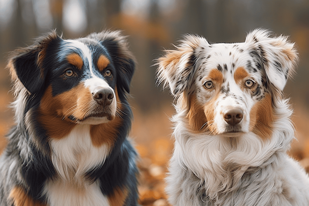 A close-up of an Australian Shepherd and a puppy, outdoors in autumn with blurred fall foliage background.