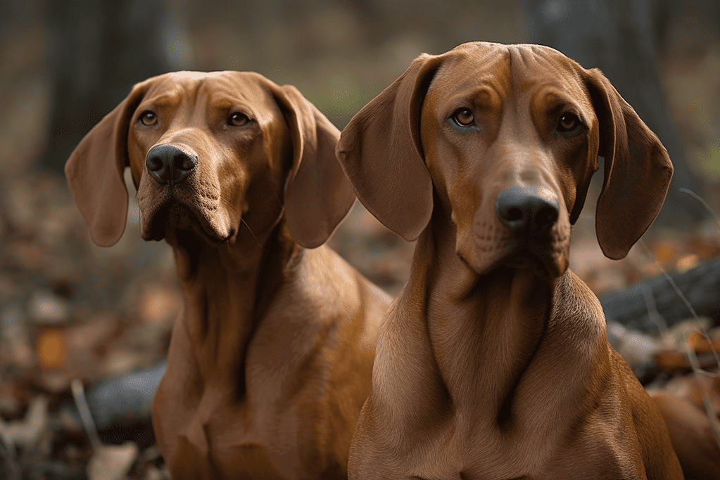 Labrador Retrievers sitting in a natural outdoor setting, showcasing their friendly and attentive expressions.