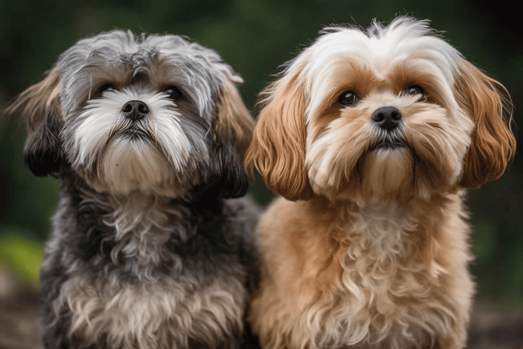 Cute Shih Tzu and Yorkshire Terrier dogs posing outdoors, perfect for pet lovers.