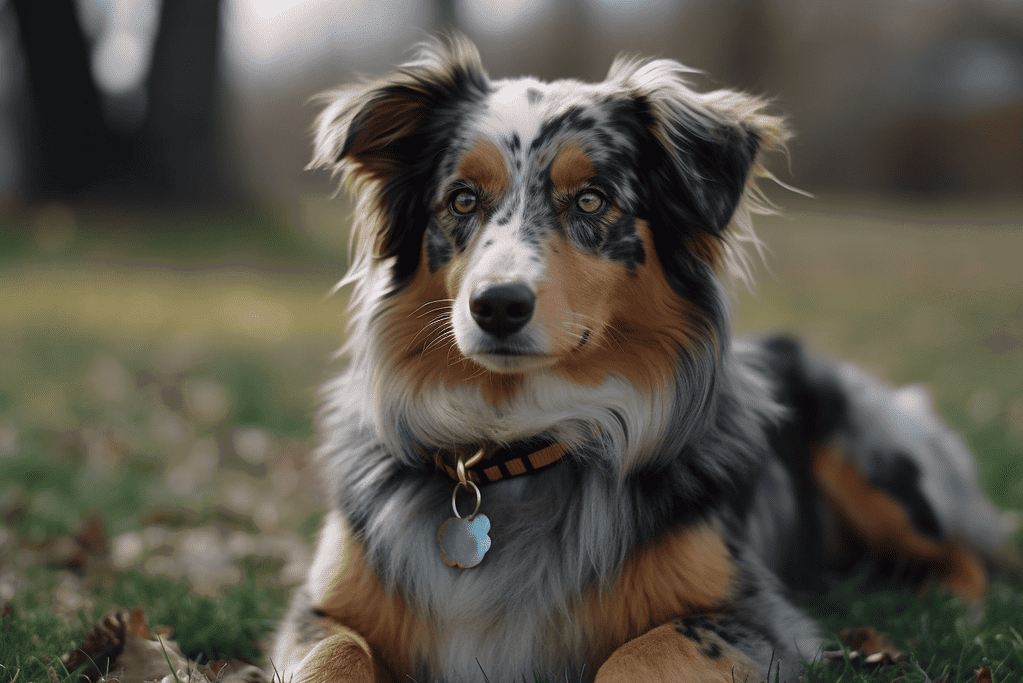Adorable Australian Shepherd lying on grass during daytime.
