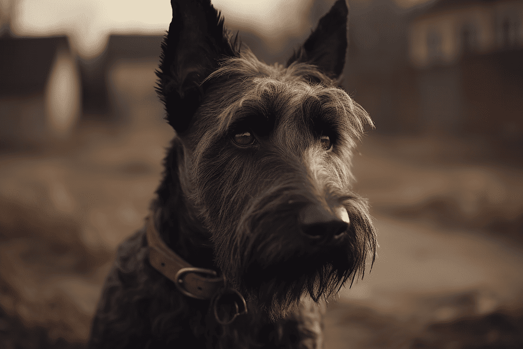 Loyal dog portrait, close-up of attentive Schnauzer dog in outdoor environment, emphasizing facial features.