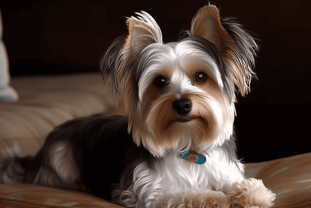A cute Yorkshire Terrier lying on a bed, showcasing the importance of pet care and grooming for dogs. Perfect for dog health and grooming tips.