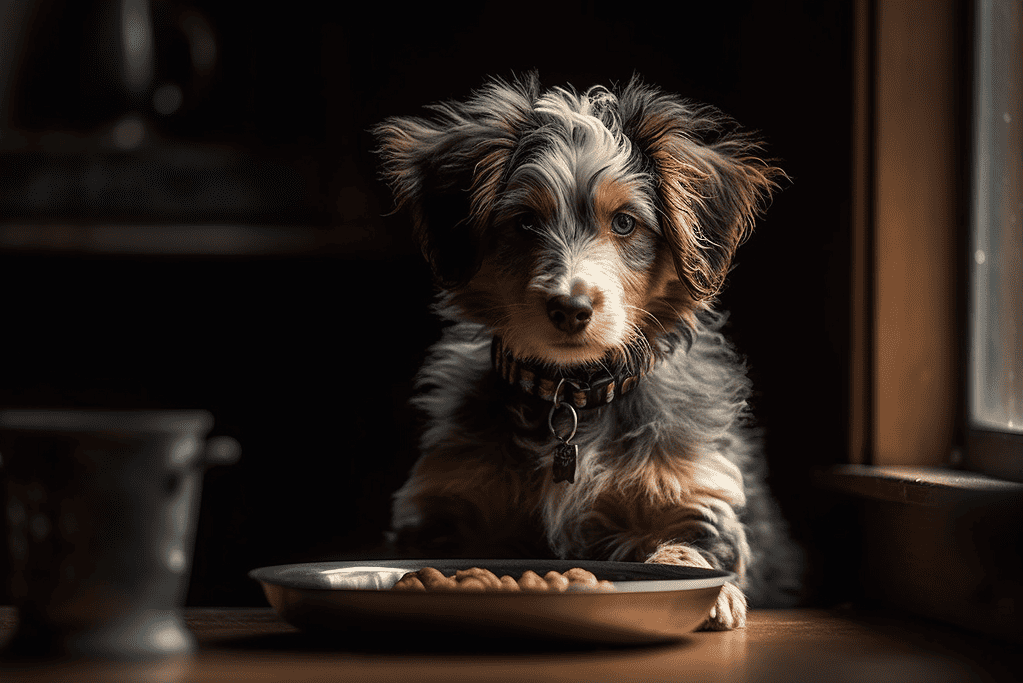 Adorable Australian Shepherd puppy with striking blue eyes eating from a plate.