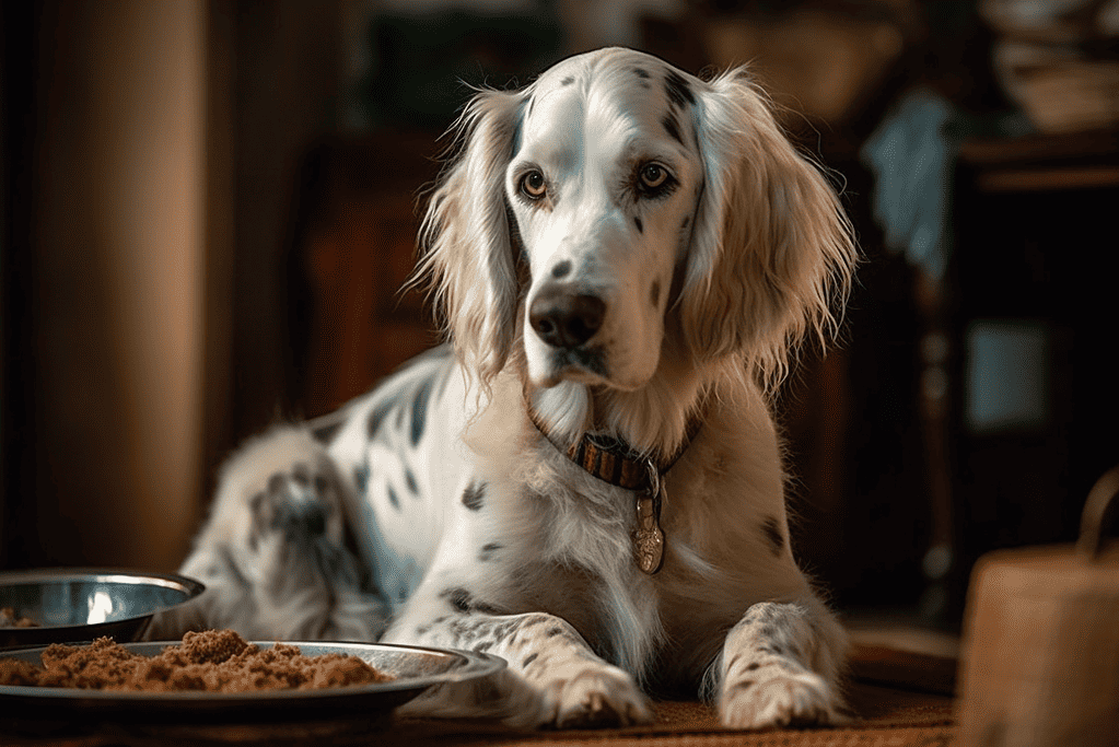 Alt text: Golden retriever relaxing indoors with food bowls nearby, looking calm and content.