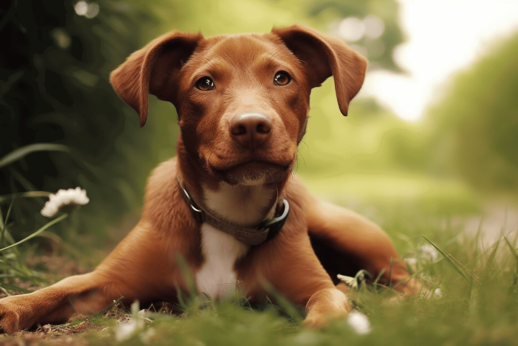 Adorable brown puppy lying on green grass outdoors, ready for playtime and adventures.