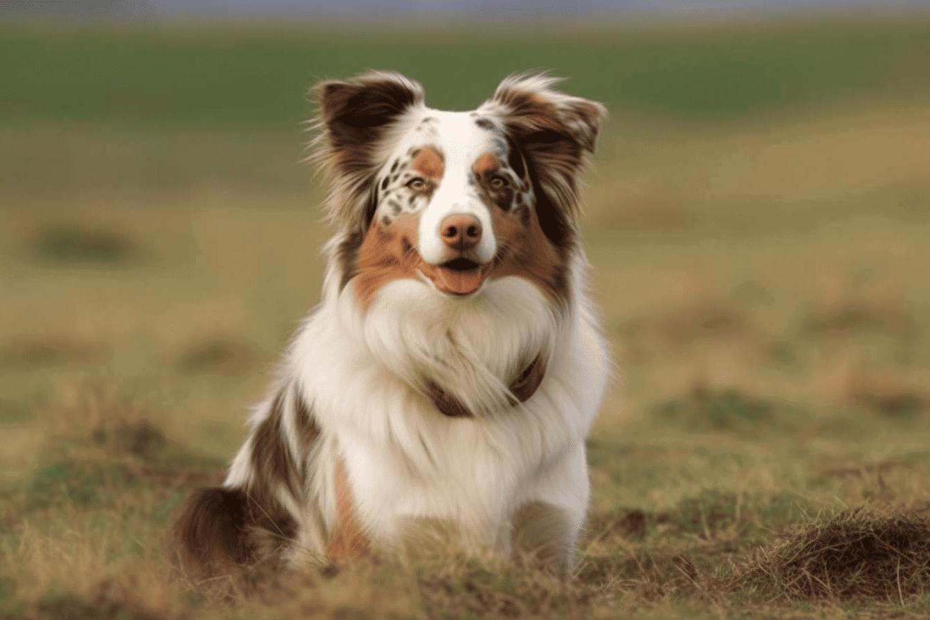Bright and cheerful Australian Shepherd in an outdoor setting, showcasing a healthy, active dog ready for play or training.