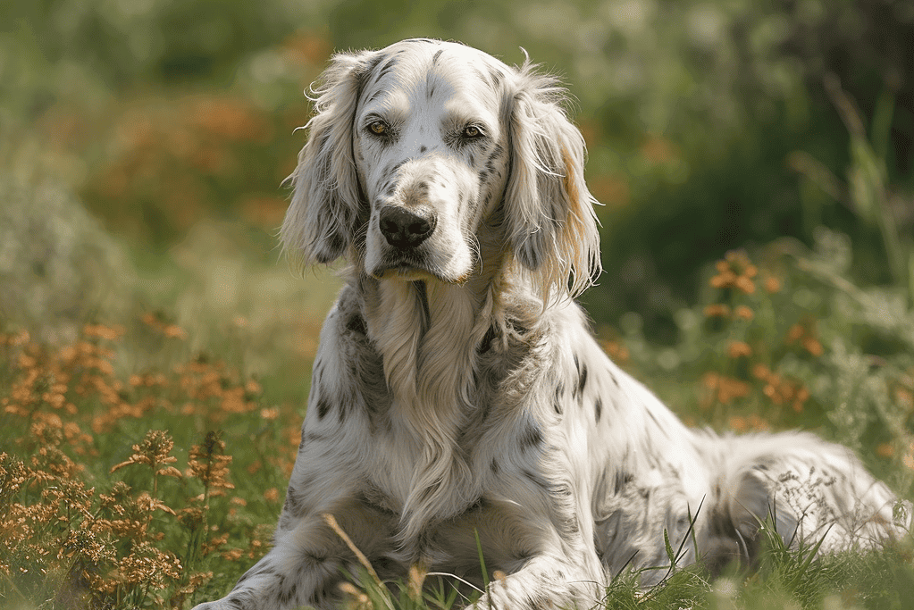 English Setter dog lying in a green grassy field with orange flowers.