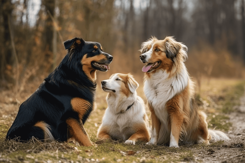Adorable Australian Shepherd and Bernese Mountain Dogs in a peaceful outdoor setting.