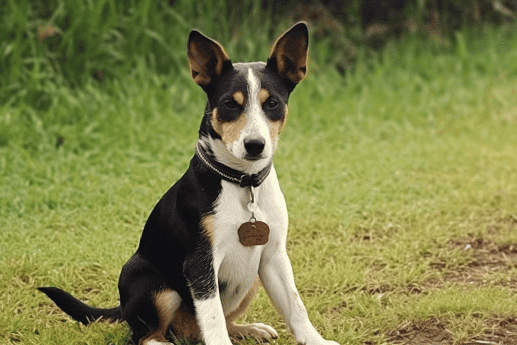 Dog sitting outdoors on green grass, playful rat terrier with one eye wink, wearing a collar with tags, perfect for pet care and dog services.