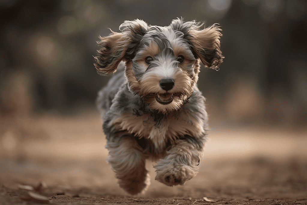 Adorable puppy running joyfully on dirt trail, showcasing energetic pet activity.
