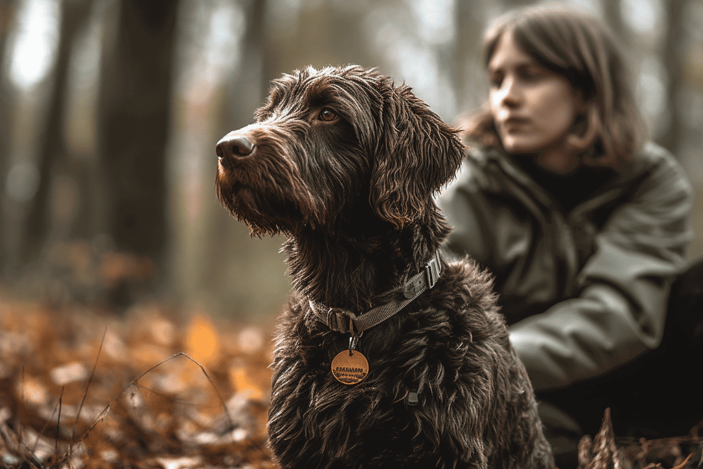 Dog walking in fall forest scenery with owner.