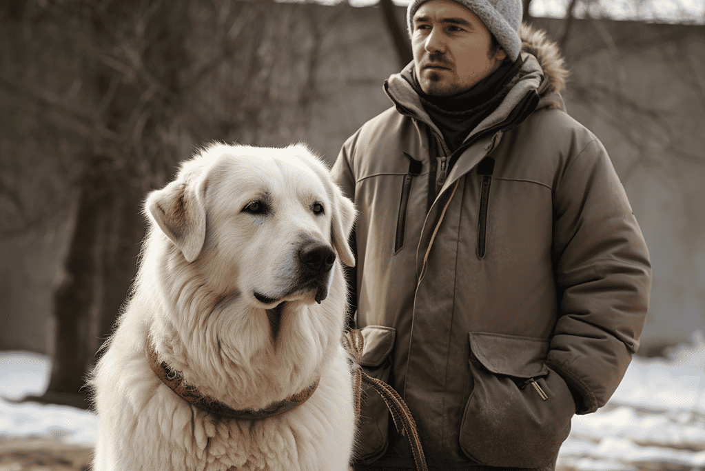 A man and a large white Labrador Retriever outdoors in winter clothing, in a serene park scene.