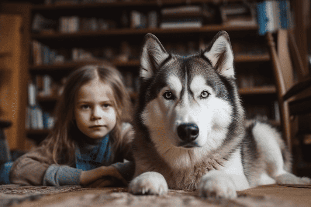 Husky dog lying next to a young girl on the floor of a cozy home.