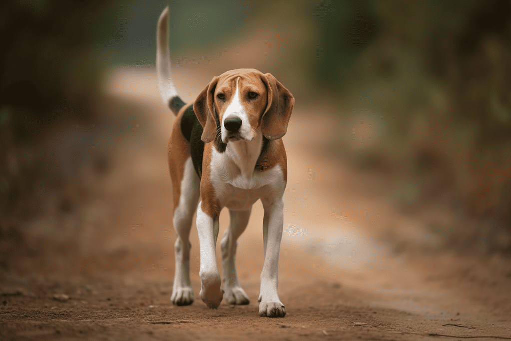 Adorable beagle dog walking outdoors on a dirt trail in natural light.