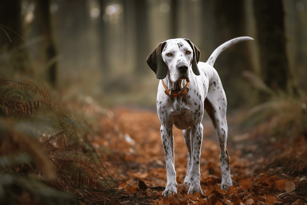 Adorable Dalmatian puppy exploring outdoor woodland area, perfect for dog lovers.