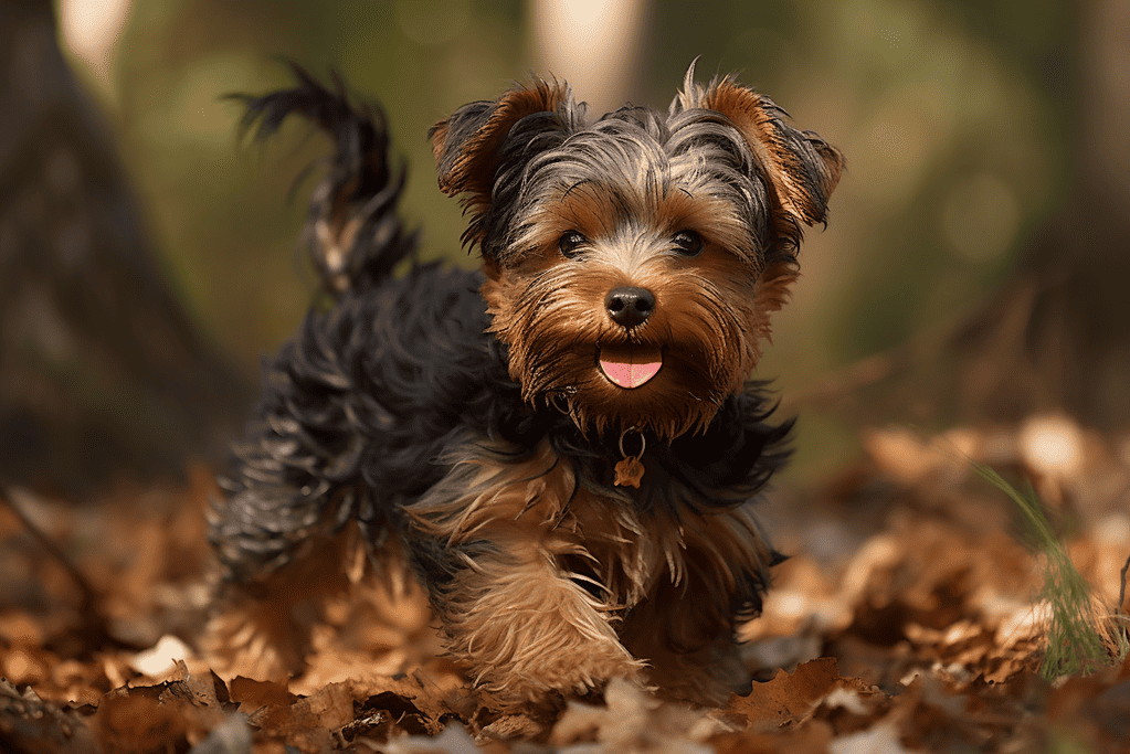 Adorable Yorkie puppy playing in fallen leaves, showcasing energetic and cute dog behavior.